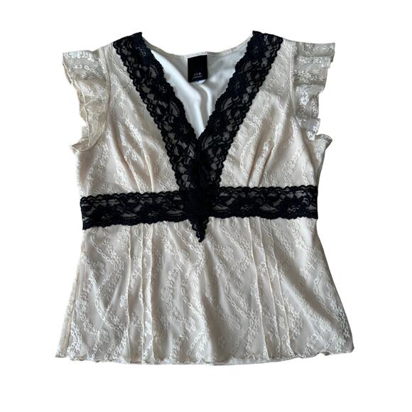 Y2K Lace Babydoll Flutter Sleeve V-neck blouse top Black and Cream Large - Picture 1 of 9